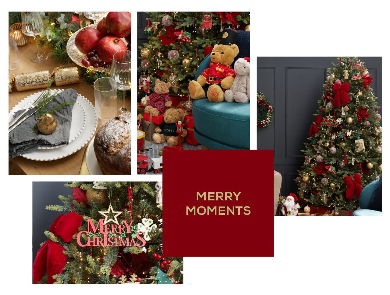 Collage of Christmas trees, decorations, tableware all in a red & green colour scheme