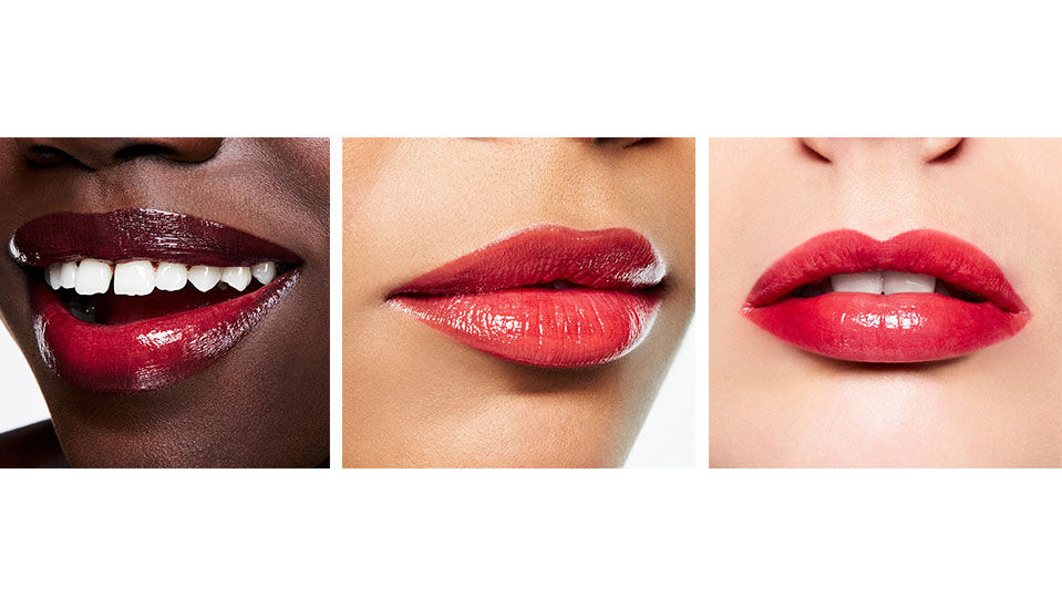 gloss finish lipsticks in deep red, berry pink and bright pink