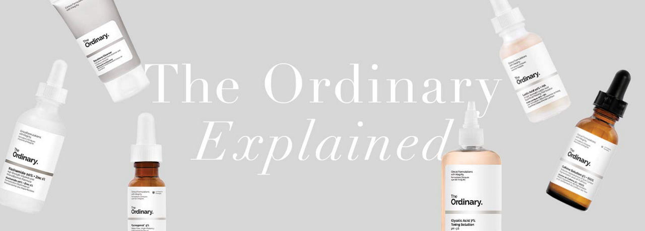 The Ordinary products on a grey background. A - Z in text over the background